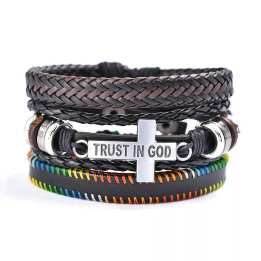 Men's Black & Rainbow Leather Braided Bracelet Set